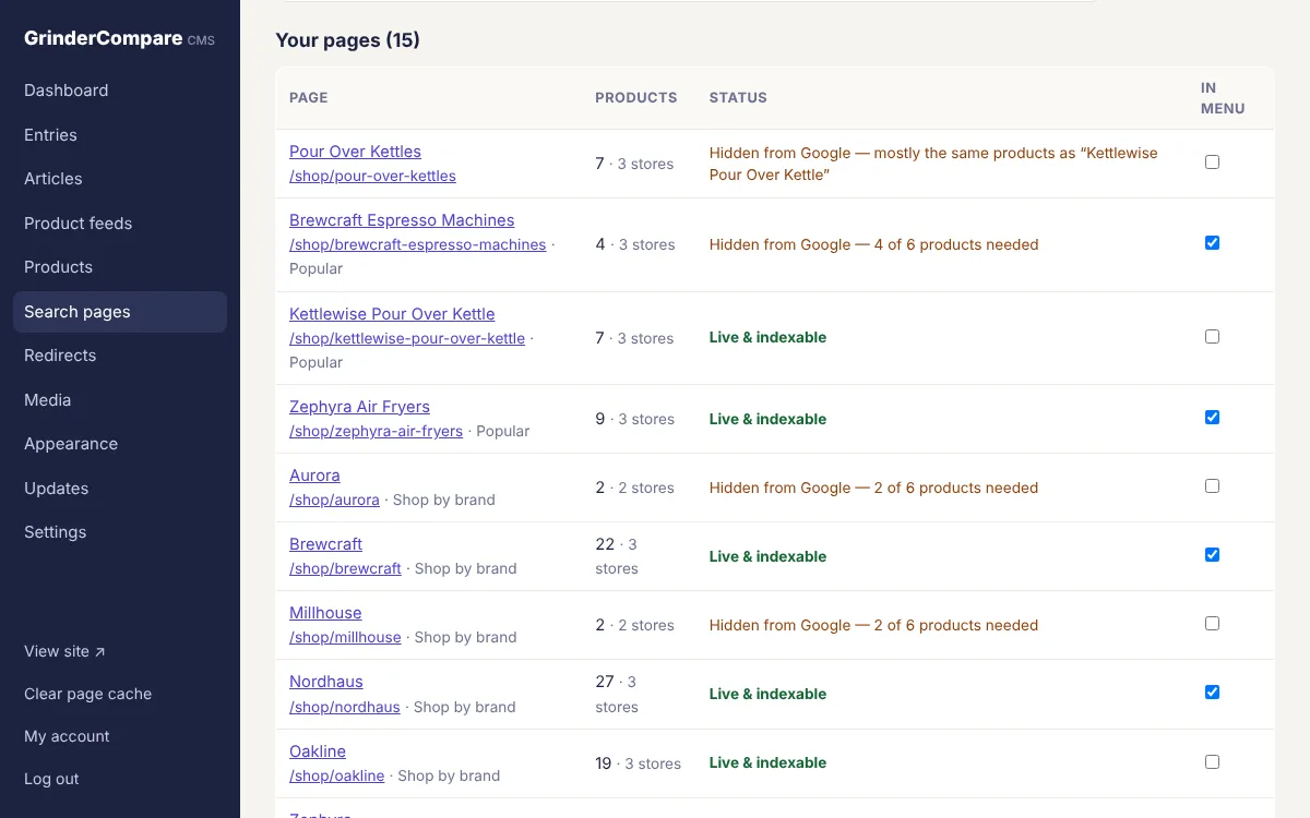 Admin search pages screen