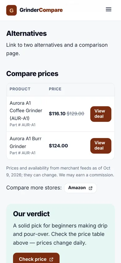 Price table on a phone