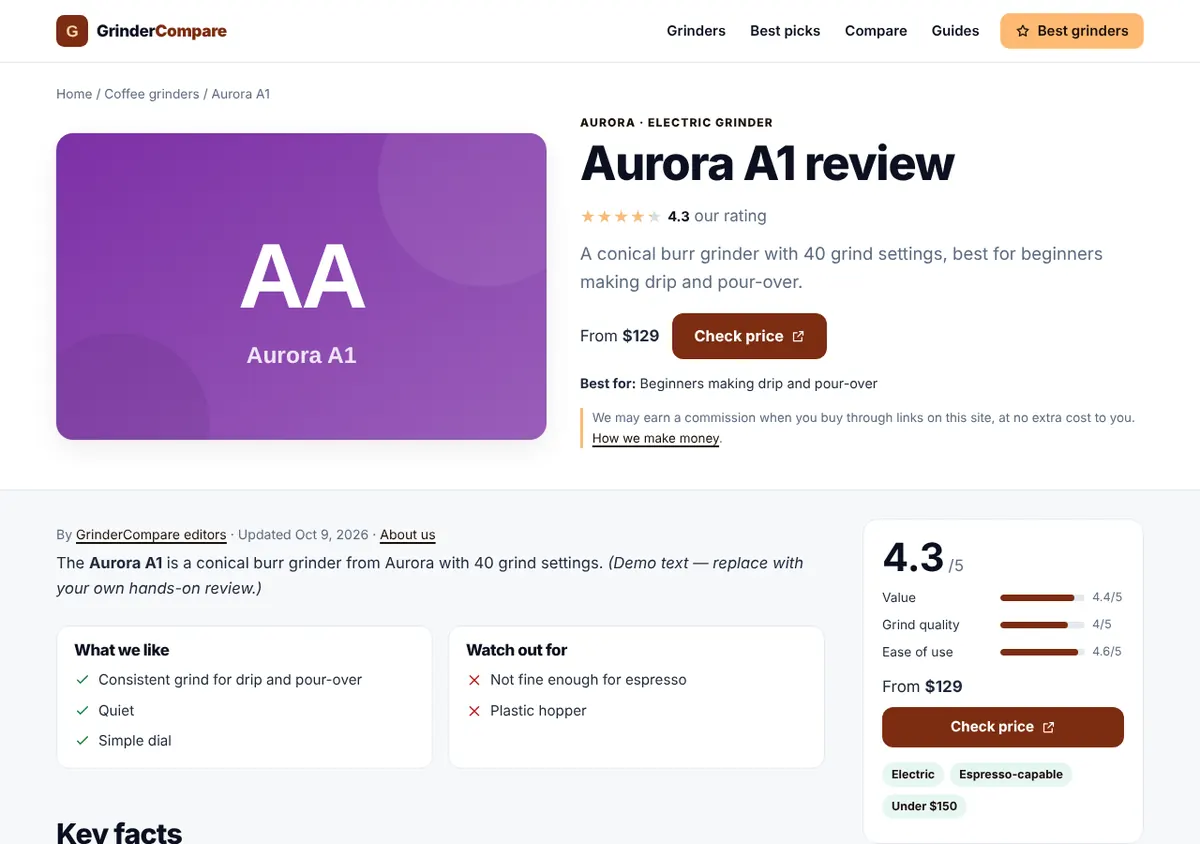 Product review page with price and rating
